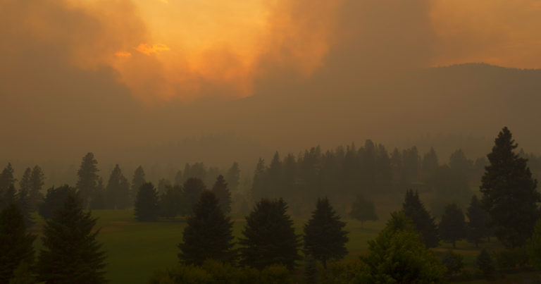 A photo of a red sky and smoke from a forest fire