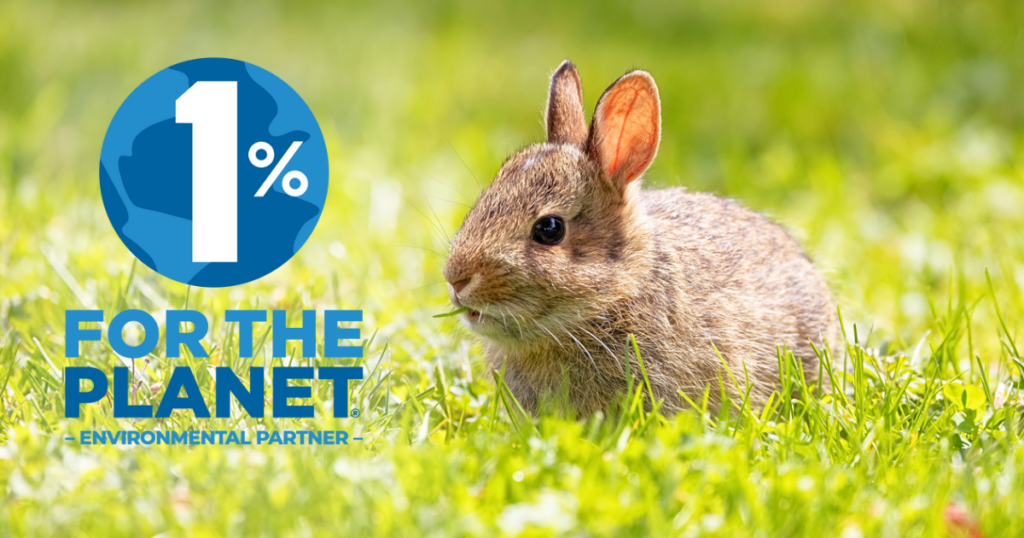 A picture of a rabbit with the 1% for the planet logo