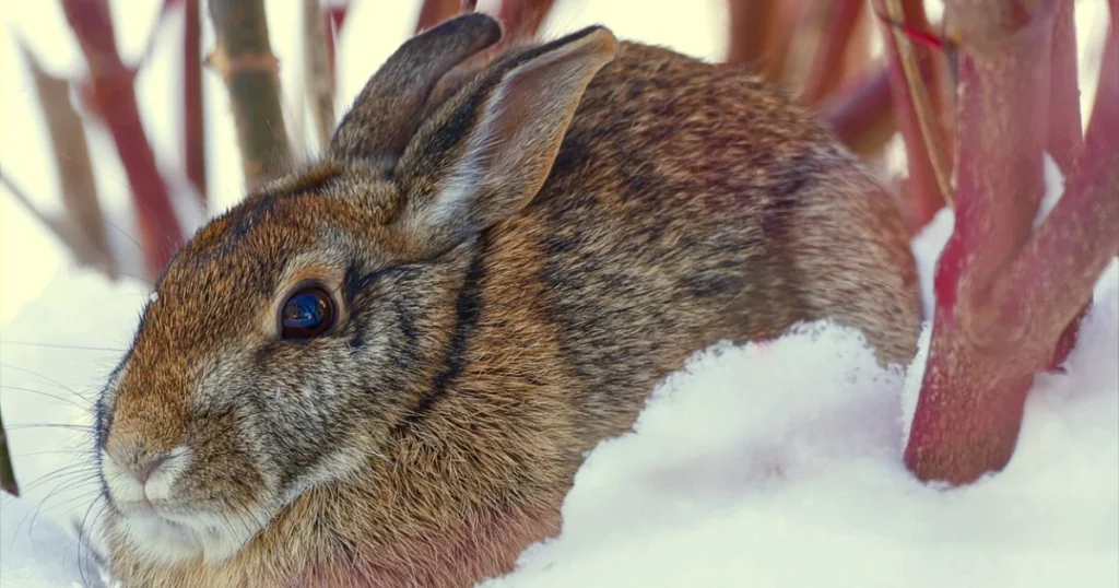 A picture of an eastern cottontail rabbit in the snow under a red-osier dogwood shrub.