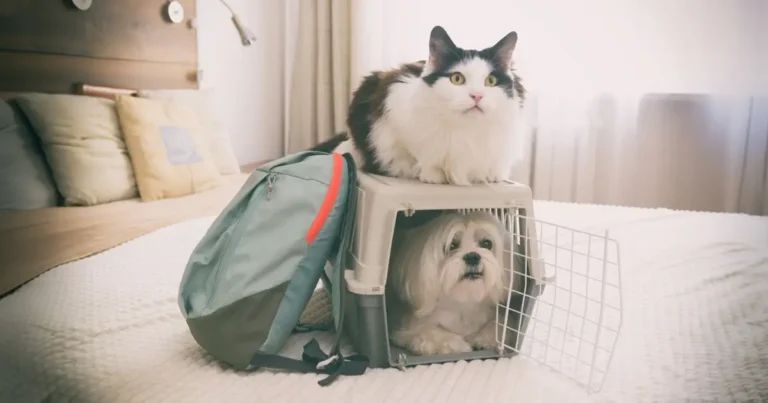 A picture showing a cat and a dog with a pet carrier and a suitcase.