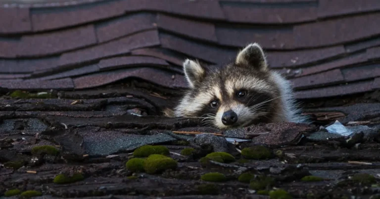 A picture showing a raccoon poke their head up out of the damaged portion of a Quebec roof.