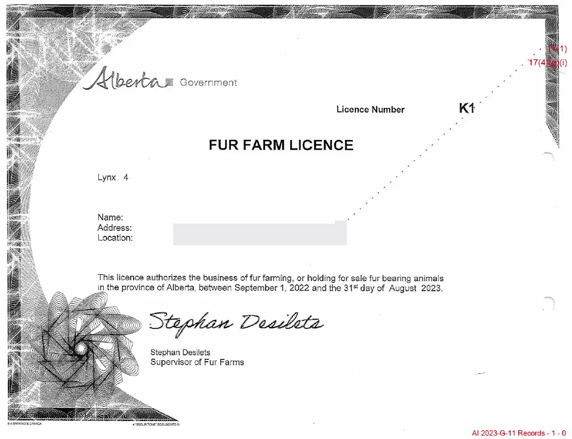 Alberta lynx fur farm licence obtained through FOI